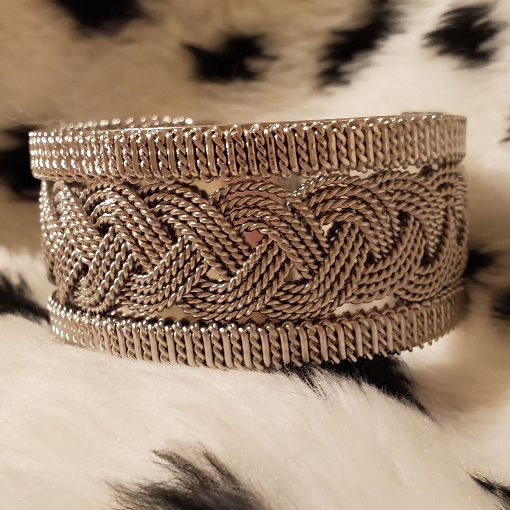 Vtg Silver tone chunky braided heavy cuff bracelet